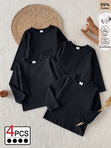 SHEIN Vintaside Kids Baby Boy Multi-Piece Set, Pure Black Crew Neck Long Sleeve T-Shirt, Suitable For Spring And Autumn. Casual Minimalist Style, Comfortable And Versatile. Clean And Elegant, Without Excessive Decoration, Showcasing Low-Key Texture. Knitted Fabric, Moderate Thickness. Can Be Worn Alone, As A Base Layer In Autumn, And As An Inner Layer In Winter. Suitable For School, Outdoor Play, Sports And Daily Wear - Black - View 8