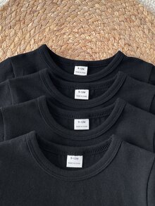 SHEIN Vintaside Kids Baby Boy Multi-Piece Set, Pure Black Crew Neck Long Sleeve T-Shirt, Suitable For Spring And Autumn. Casual Minimalist Style, Comfortable And Versatile. Clean And Elegant, Without Excessive Decoration, Showcasing Low-Key Texture. Knitted Fabric, Moderate Thickness. Can Be Worn Alone, As A Base Layer In Autumn, And As An Inner Layer In Winter. Suitable For School, Outdoor Play, Sports And Daily Wear - Black - View 7