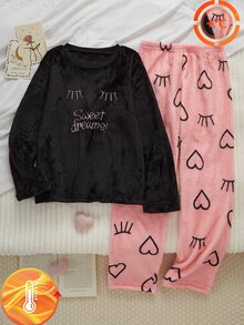1套女童居家服套裝，上衣睫毛印花，長褲滿版愛心與睫毛印花，黑粉配色，柔軟法蘭絨面料，寬鬆版型，適合秋冬居家穿著（1套單獨販售） - 彩色 - 查看 6