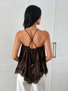 Aloruh 女款優雅性感蕾絲拼接深棕色細肩帶背心，優雅女式襯衫，派對上衣，性感女式上衣，時尚獨特女式襯衫，外出上衣 - 棕色 - 查看 8