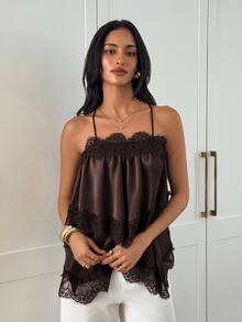 Aloruh 女款優雅性感蕾絲拼接深棕色細肩帶背心，優雅女式襯衫，派對上衣，性感女式上衣，時尚獨特女式襯衫，外出上衣 - 棕色 - 查看 3