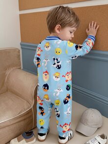 LOONEY TUNES X SHEIN 1pc Baby Boys Casual Cute Fun Cartoon Pattern Versatile Knit Blue Cartoon Pattern Embroidered Polo Collar Long Sleeve Romper Suitable For Indoor, Outdoor, Autumn/Winter, Birthday, Holiday - Blue - View 7