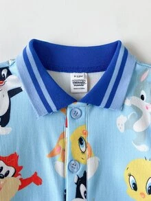 LOONEY TUNES X SHEIN 1pc Baby Boys Casual Cute Fun Cartoon Pattern Versatile Knit Blue Cartoon Pattern Embroidered Polo Collar Long Sleeve Romper Suitable For Indoor, Outdoor, Autumn/Winter, Birthday, Holiday - Blue - View 4