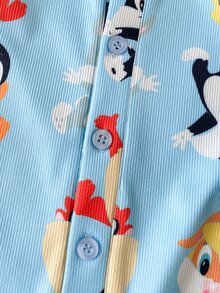 LOONEY TUNES X SHEIN 1pc Baby Boys Casual Cute Fun Cartoon Pattern Versatile Knit Blue Cartoon Pattern Embroidered Polo Collar Long Sleeve Romper Suitable For Indoor, Outdoor, Autumn/Winter, Birthday, Holiday - Blue - View 5