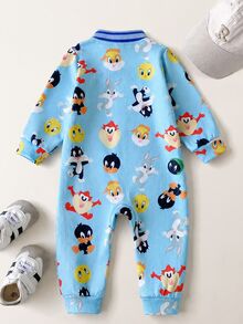 LOONEY TUNES X SHEIN 1pc Baby Boys Casual Cute Fun Cartoon Pattern Versatile Knit Blue Cartoon Pattern Embroidered Polo Collar Long Sleeve Romper Suitable For Indoor, Outdoor, Autumn/Winter, Birthday, Holiday - Blue - View 3