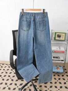 SHEIN 青少年男孩時尚休閒 Y2K 寬鬆舒適牛仔褲，黑色，適合上學穿著 - 藍色 - 查看 2