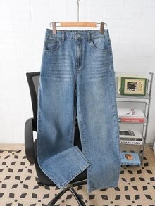 SHEIN 青少年男孩時尚休閒 Y2K 寬鬆舒適牛仔褲，黑色，適合上學穿著 - 藍色 - 查看 1