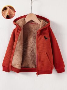 SHEIN Genkimix Kids 小男孩休閒幾何花卉布料恐龍刺繡連帽拉鍊抓絨衛衣，舒適極簡，秋冬生日紅色 - 酒紅色 - 查看 1