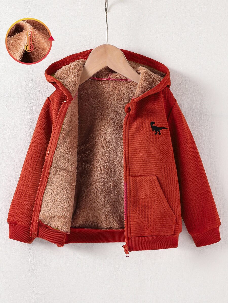 SHEIN Genkimix Kids 小男孩休閒幾何花卉布料恐龍刺繡連帽拉鍊抓絨衛衣,舒適極簡,秋冬生日紅色 - 酒紅色 - 查看 1