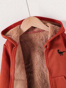 SHEIN Genkimix Kids 小男孩休閒幾何花卉布料恐龍刺繡連帽拉鍊抓絨衛衣，舒適極簡，秋冬生日紅色 - 酒紅色 - 查看 3
