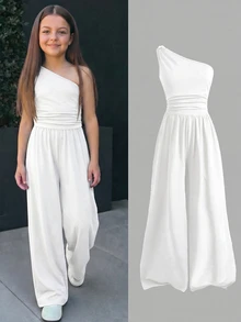 Firerie Kids Firerie Kids Tween Girl Casual Minimalist Comfortable Asymmetrical Shoulder Jumpsuit White Fall/Winter Outfits - White - View 1