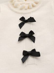 SHEIN 新生女嬰針織長袖翻領連身衣附足襪褲 + 針織帽，適合秋冬，杏色淺色，百搭日常穿著，麻花編織設計，時尚有型，對比粉色蝴蝶結設計，優雅可愛，適合日常穿著、外出、旅行、托兒所 - 米色 - 查看 8