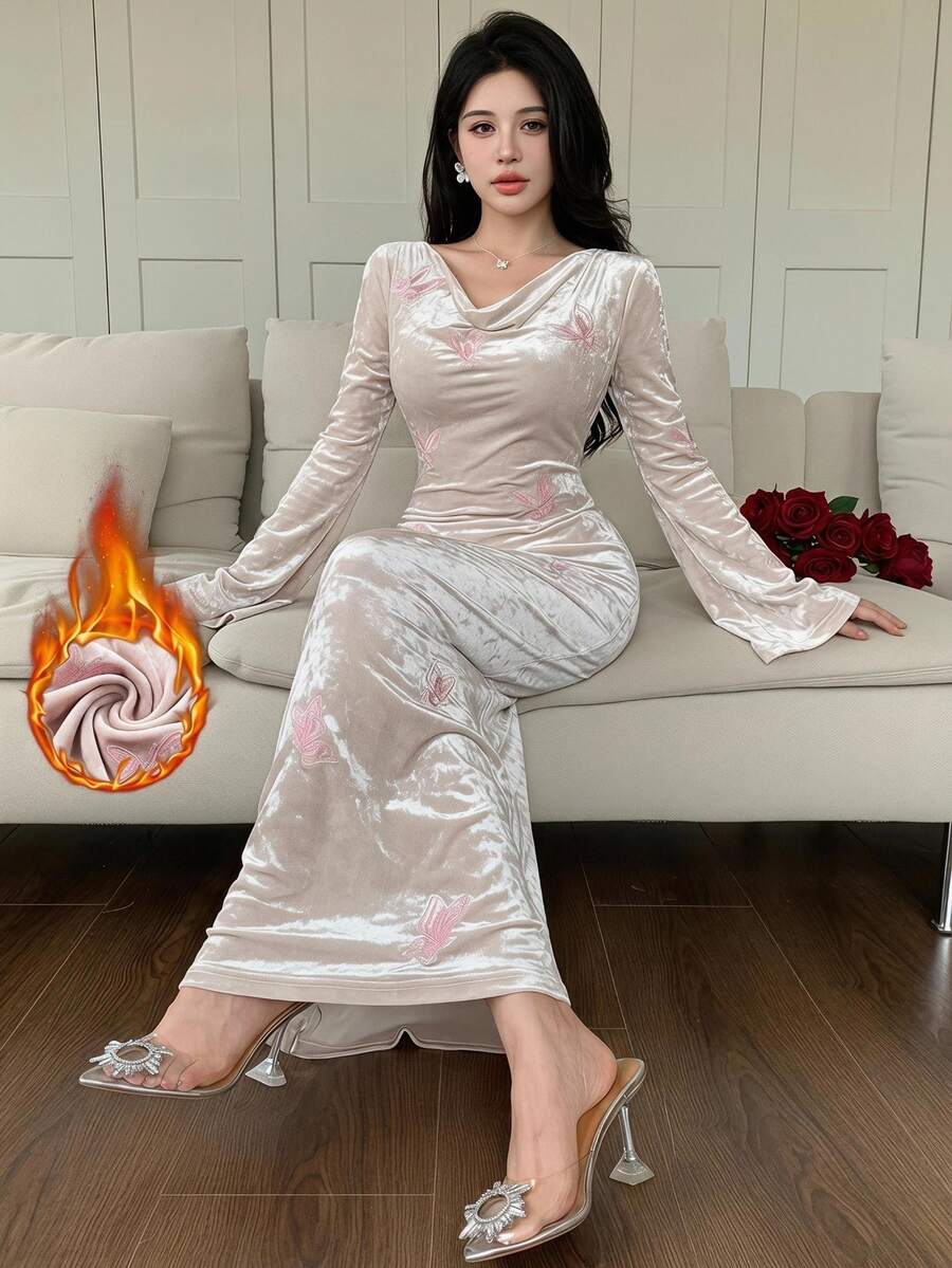 Feyla Women's Cowl Neck Flared Sleeve Butterfly Embroidered Elegant Midi Dress - Apricot - View 1