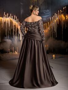 Glamrae Plus Size Elegant Glamorous Fashion Coffee Brown Crystal Bead Sequin Lace Patchwork Satin Off-Shoulder Ruched Bow Design A-Line Train Long Dress Suitable For Ball Party Festival Wedding Event Bachelorette Party Influencer Event Formal Evening Gown - Coffee Brown - View 3