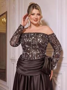 Glamrae Plus Size Elegant Glamorous Fashion Coffee Brown Crystal Bead Sequin Lace Patchwork Satin Off-Shoulder Ruched Bow Design A-Line Train Long Dress Suitable For Ball Party Festival Wedding Event Bachelorette Party Influencer Event Formal Evening Gown - Coffee Brown - View 5