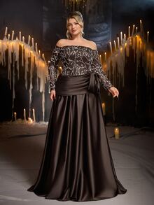 Glamrae Plus Size Elegant Glamorous Fashion Coffee Brown Crystal Bead Sequin Lace Patchwork Satin Off-Shoulder Ruched Bow Design A-Line Train Long Dress Suitable For Ball Party Festival Wedding Event Bachelorette Party Influencer Event Formal Evening Gown - Coffee Brown - View 9