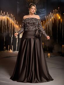 Glamrae Plus Size Elegant Glamorous Fashion Coffee Brown Crystal Bead Sequin Lace Patchwork Satin Off-Shoulder Ruched Bow Design A-Line Train Long Dress Suitable For Ball Party Festival Wedding Event Bachelorette Party Influencer Event Formal Evening Gown - Coffee Brown - View 6