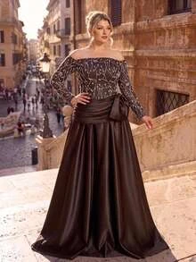 Glamrae Plus Size Elegant Glamorous Fashion Coffee Brown Crystal Bead Sequin Lace Patchwork Satin Off-Shoulder Ruched Bow Design A-Line Train Long Dress Suitable For Ball Party Festival Wedding Event Bachelorette Party Influencer Event Formal Evening Gown - Coffee Brown - View 2