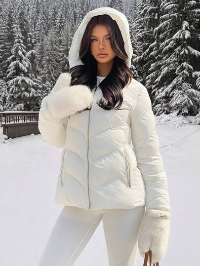 Muchica Women's New Winter White Diagonal Quilted Hooded Padded Coat, Suitable For Going Out, Streetwear, Outdoor Skiing