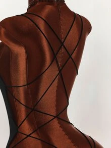 Amplova Double Spaghetti Strap Backless Criss-Cross Bodysuit Halloween Going Out Club Black Summer Sexy Bandage - Black - View 10