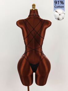Amplova Double Spaghetti Strap Backless Criss-Cross Bodysuit Halloween Going Out Club Black Summer Sexy Bandage - Black - View 8