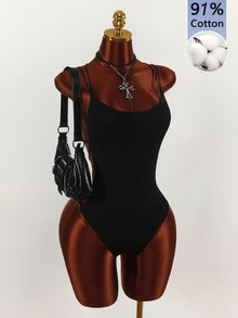 Amplova Double Spaghetti Strap Backless Criss-Cross Bodysuit Halloween Going Out Club Black Summer Sexy Bandage - Black - View 5