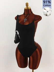 Amplova Double Spaghetti Strap Backless Criss-Cross Bodysuit Halloween Going Out Club Black Summer Sexy Bandage - Black - View 4