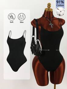 Amplova Double Spaghetti Strap Backless Criss-Cross Bodysuit Halloween Going Out Club Black Summer Sexy Bandage - Black - View 14