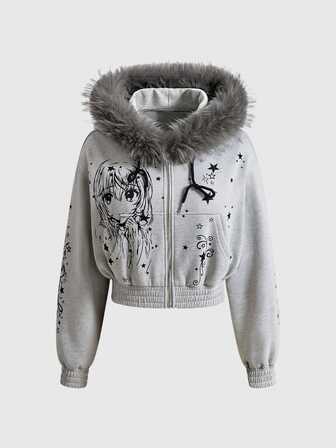 Felpa corta da donna con stampa anime carina, grigia, con orlo grezzo, per uso quotidiano, serate fuori, stile Y2K streetwear