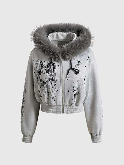 Cute Anime Print Grey Raw Hem Cropped Women's Sweatshirt