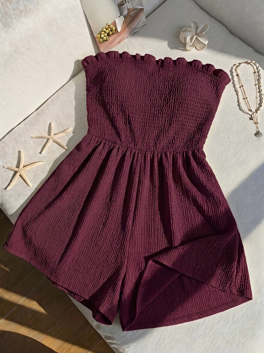 Comfortcana Women's Plus Size Summer Chocolate Brown Casual Solid Color Frill Trim Bandeau Romper Beach - Burgundy - View 1
