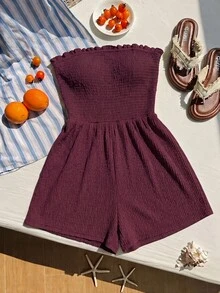 Comfortcana Women's Plus Size Summer Chocolate Brown Casual Solid Color Frill Trim Bandeau Romper Beach - Burgundy - View 3