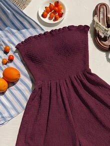 Comfortcana Women's Plus Size Summer Chocolate Brown Casual Solid Color Frill Trim Bandeau Romper Beach - Burgundy - View 5