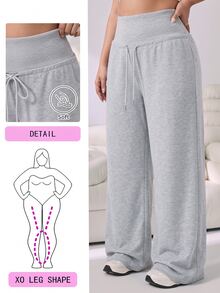 Solflare Grey Plus Size Women's Solid Color Drawstring High Waist Wide Leg Casual Baggy Cowgirl Sports Pants Fitness Work Gym Beach Home In Fall - Light Grey - View 1