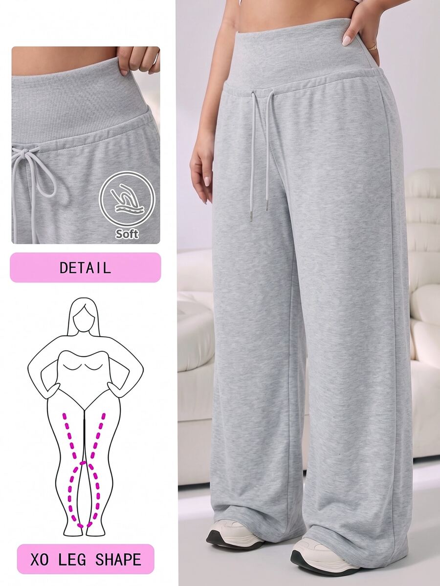 Solflare Grey Plus Size Women's Solid Color Drawstring High Waist Wide Leg Casual Baggy Cowgirl Sports Pants Fitness Work Gym Beach Home In Fall - Light Grey - View 1
