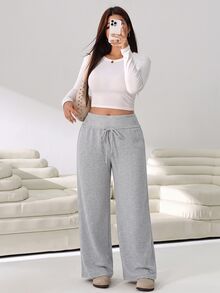Solflare Grey Plus Size Women's Solid Color Drawstring High Waist Wide Leg Casual Baggy Cowgirl Sports Pants Fitness Work Gym Beach Home In Fall - Light Grey - View 3