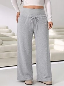 Solflare Grey Plus Size Women's Solid Color Drawstring High Waist Wide Leg Casual Baggy Cowgirl Sports Pants Fitness Work Gym Beach Home In Fall - Light Grey - View 4