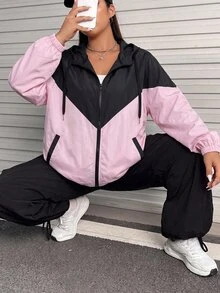 SHEIN EZwear 大尺碼女款休閒寬鬆運動風撞色拉鍊夾克，秋冬辦公室外穿正式粉色 - 彩色 - 查看 1