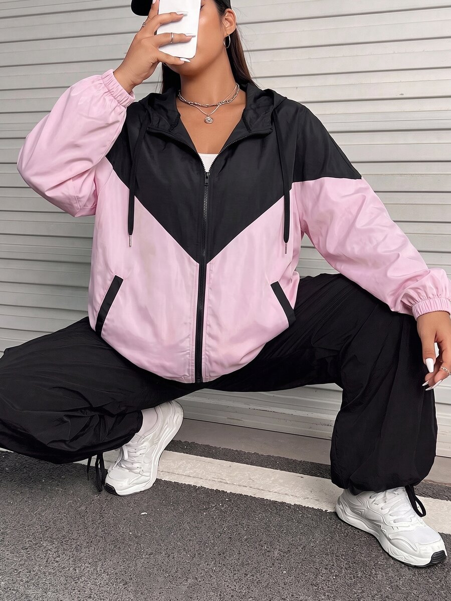 SHEIN EZwear 大尺碼女款休閒寬鬆運動風撞色拉鍊夾克,秋冬辦公室外穿正式粉色 - 彩色 - 查看 1
