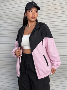 SHEIN EZwear 大尺碼女款休閒寬鬆運動風撞色拉鍊夾克，秋冬辦公室外穿正式粉色 - 彩色 - 查看 4