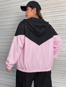 SHEIN EZwear 大尺碼女款休閒寬鬆運動風撞色拉鍊夾克，秋冬辦公室外穿正式粉色 - 彩色 - 查看 2