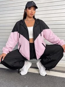 SHEIN EZwear 大尺碼女款休閒寬鬆運動風撞色拉鍊夾克，秋冬辦公室外穿正式粉色 - 彩色 - 查看 5