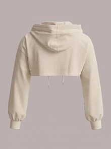 SHEIN EZwear 大尺碼女款杏色針織抽繩連帽衛衣，超短版（秋冬） - 杏色 - 查看 2