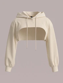 SHEIN EZwear 大尺碼女款杏色針織抽繩連帽衛衣，超短版（秋冬） - 杏色 - 查看 1