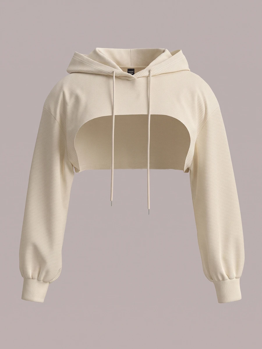 SHEIN EZwear 大尺碼女款杏色針織抽繩連帽衛衣,超短版(秋冬) - 杏色 - 查看 1