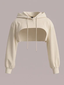 SHEIN EZwear 大尺碼女款杏色針織抽繩連帽衛衣，超短版（秋冬） - 杏色 - 查看 3