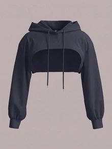 SHEIN EZwear Plus Size Dark Grey Knit Cropped Sweatshirt (Autumn/Winter) Fall Party Gym Casual Baggy, Autumn/Winter - Dark Grey - View 3
