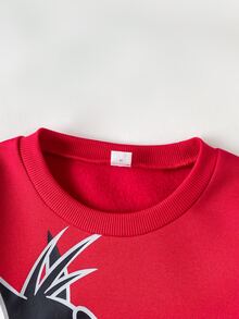 LOONEY TUNES X SHEIN 1件兒童青少年男孩休閒運動街頭風酷炫百搭紅色卡通圖案圓領寬鬆長袖衛衣，適合日常穿著、秋冬室內、運動、攝影、節慶、生日、聖誕節 - 紅色 - 查看 5