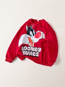 LOONEY TUNES X SHEIN 1件兒童青少年男孩休閒運動街頭風酷炫百搭紅色卡通圖案圓領寬鬆長袖衛衣，適合日常穿著、秋冬室內、運動、攝影、節慶、生日、聖誕節 - 紅色 - 查看 2