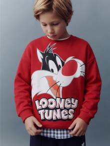 LOONEY TUNES X SHEIN 1件兒童青少年男孩休閒運動街頭風酷炫百搭紅色卡通圖案圓領寬鬆長袖衛衣，適合日常穿著、秋冬室內、運動、攝影、節慶、生日、聖誕節 - 紅色 - 查看 7